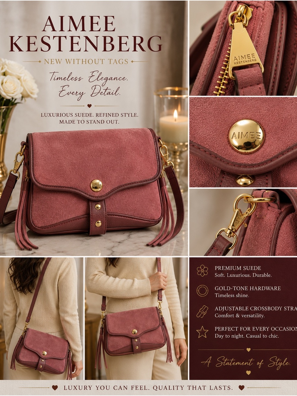 Aimee Kestenberg Dusty Rose Suede Crossbody With Gold Hardware